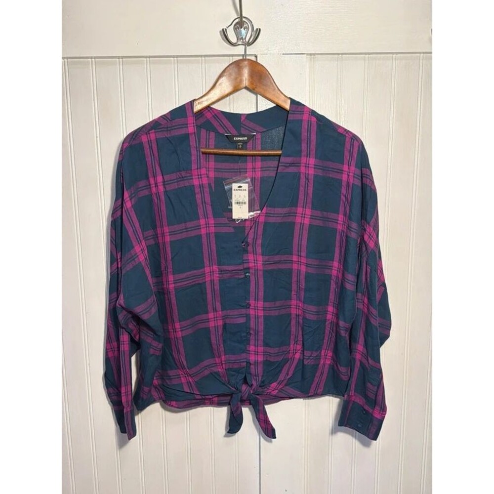 Express Blouse Sz S NWT crop tie waist v-neck long sleeves plaid